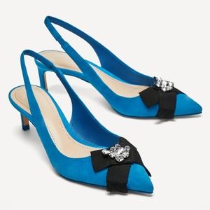 ZARA Blue Slingback Leather Kitten Heel Shoes